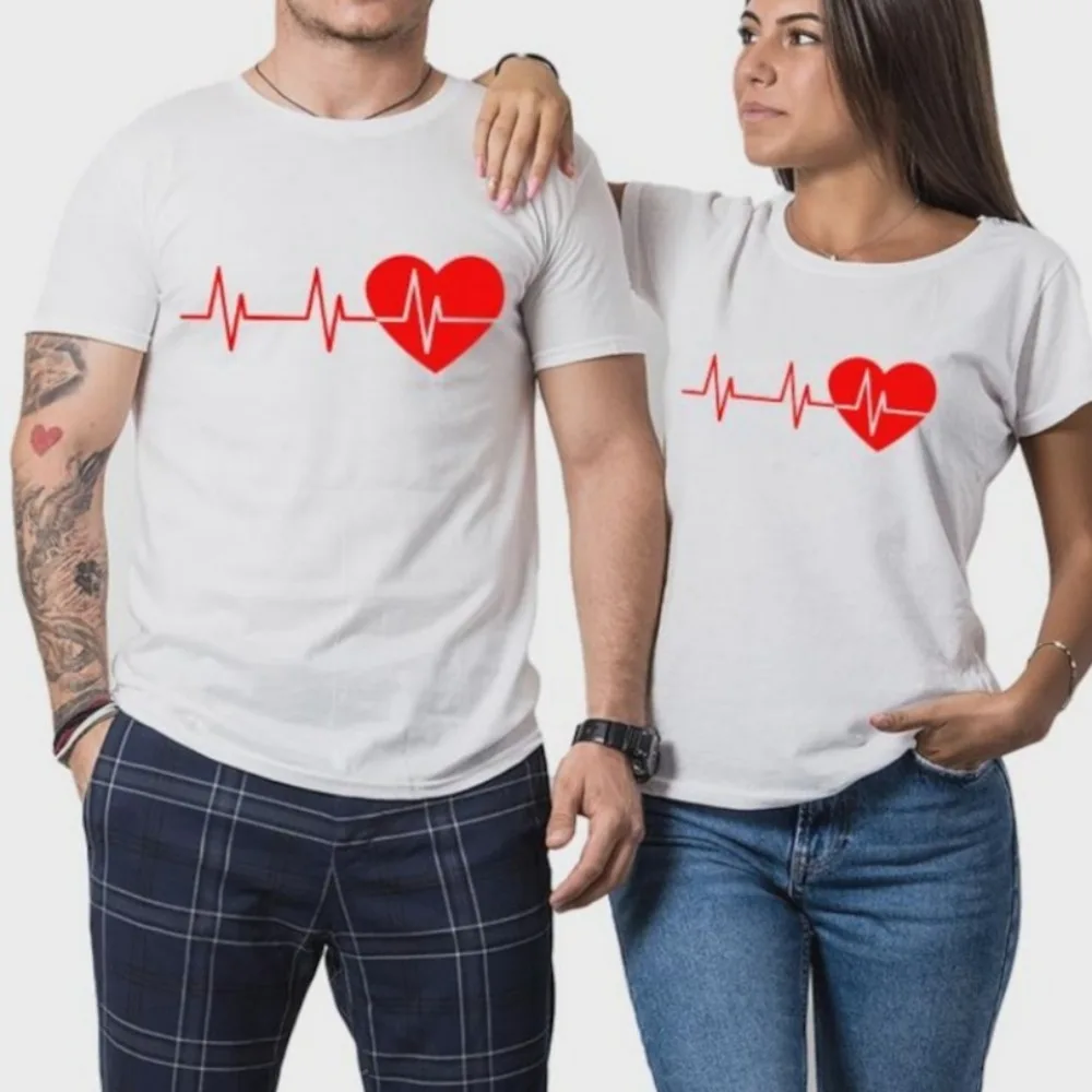 

Heartbeat Valentine's Day Couple Loose Casual Shirts Lovers Husband Wife Men's Women's Matching Gift Fashion T Shirt