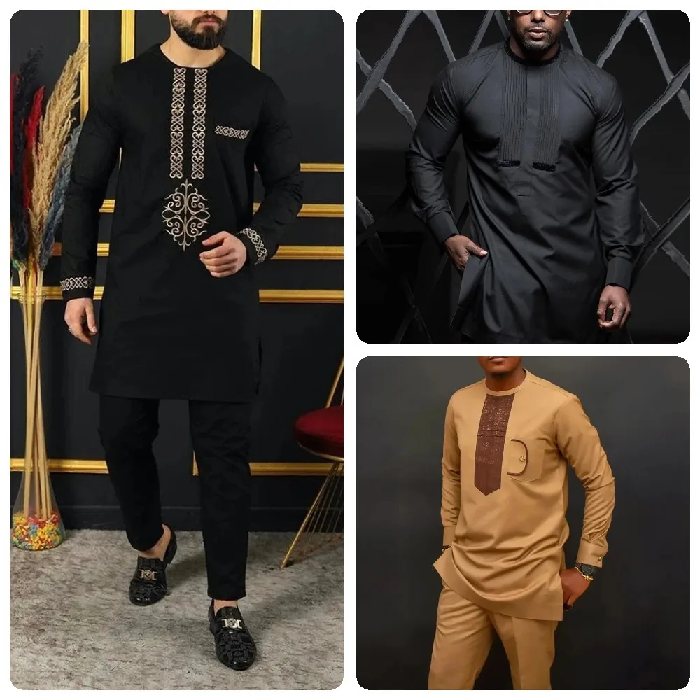 

Dashiki African Clothing For Men Casual Green Geometric Print Suit Long Sleeve Shirt Trouser African Suit For Men Set 2 Pieces