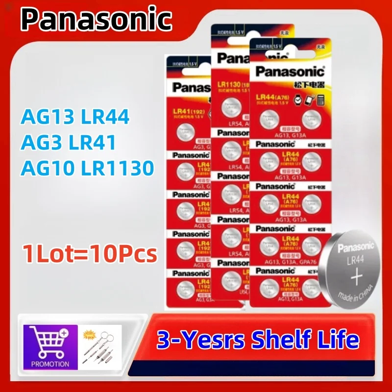 

10Pcs Original Panasonic LR44 LR41 LR1130 AG13 ag10 189 L1154 A76 357a lr44 LR44 Children's Toy Lamp AG13 Button batteria