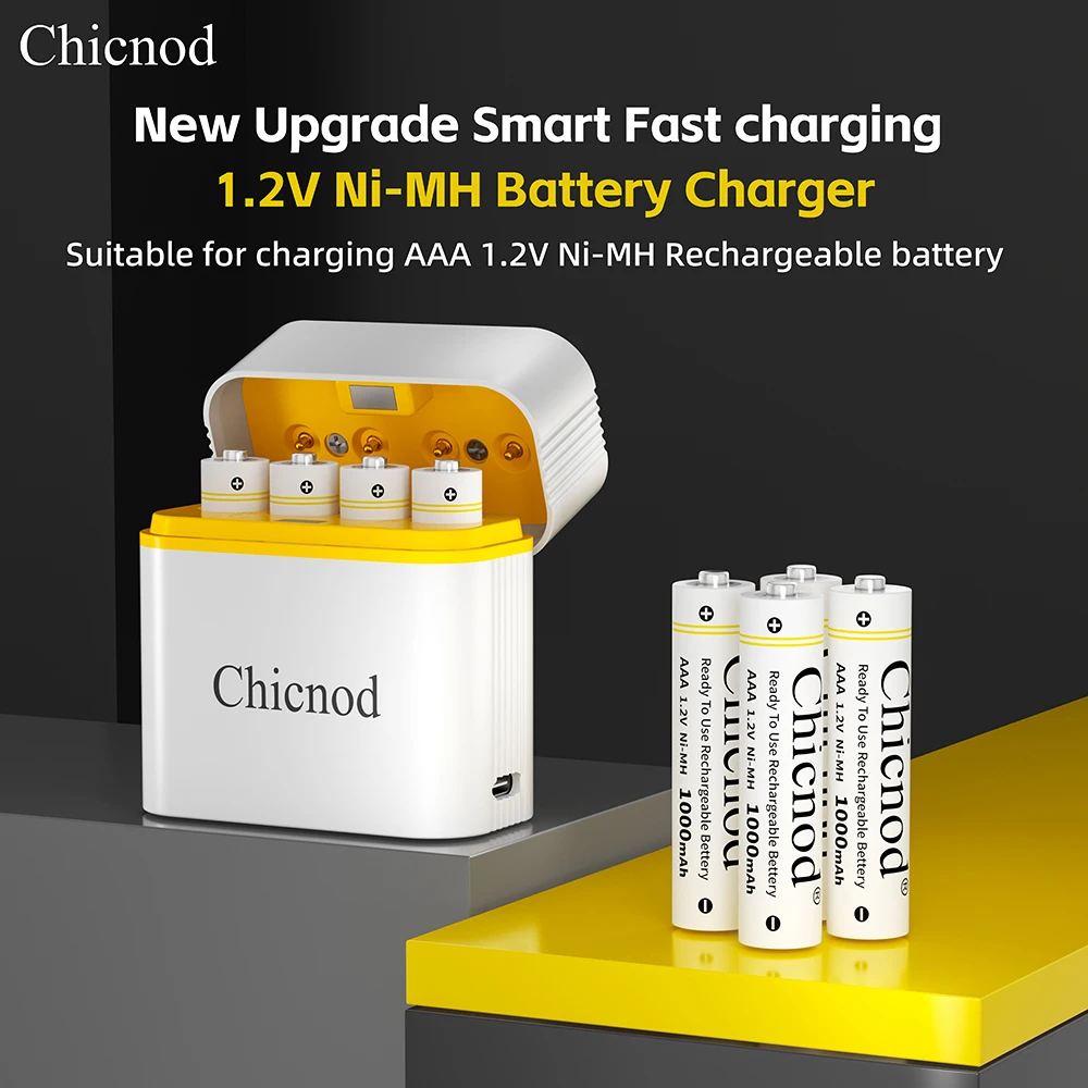Chicnod AAA Ni-MH Rechargeable Battery Charger Set 4 Slot USB Type-C Smart Fast Charger with 4x AAA 1000mAh Batteries