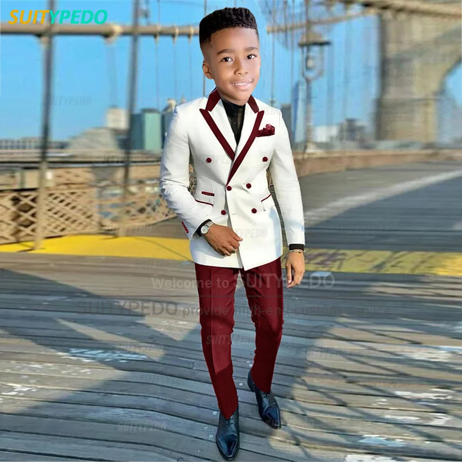 Kid Elegant White Suits Fashion Performance Boy Double Breasted Blazer Pants 2 Pcs Formal Activities Child Outfits 3 to 16 Years