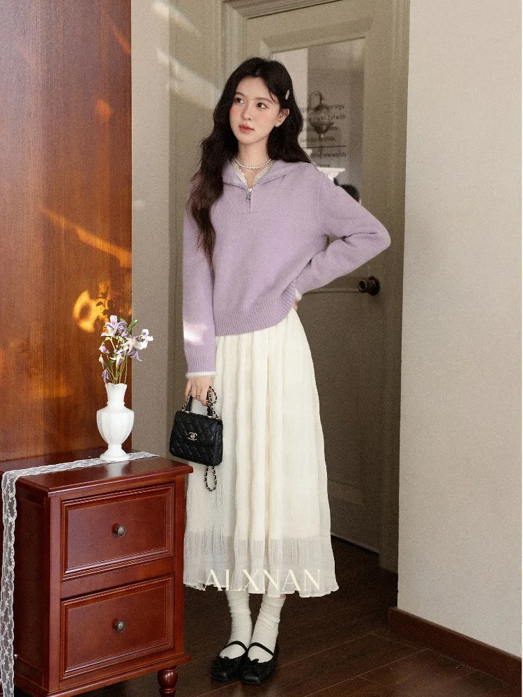 ALXNAN Dames Paarse Trui Herfst Winter Gebreide Truien Chic Chic Rits Hals Casual Warme Trui Lange Mouw Tops L59016