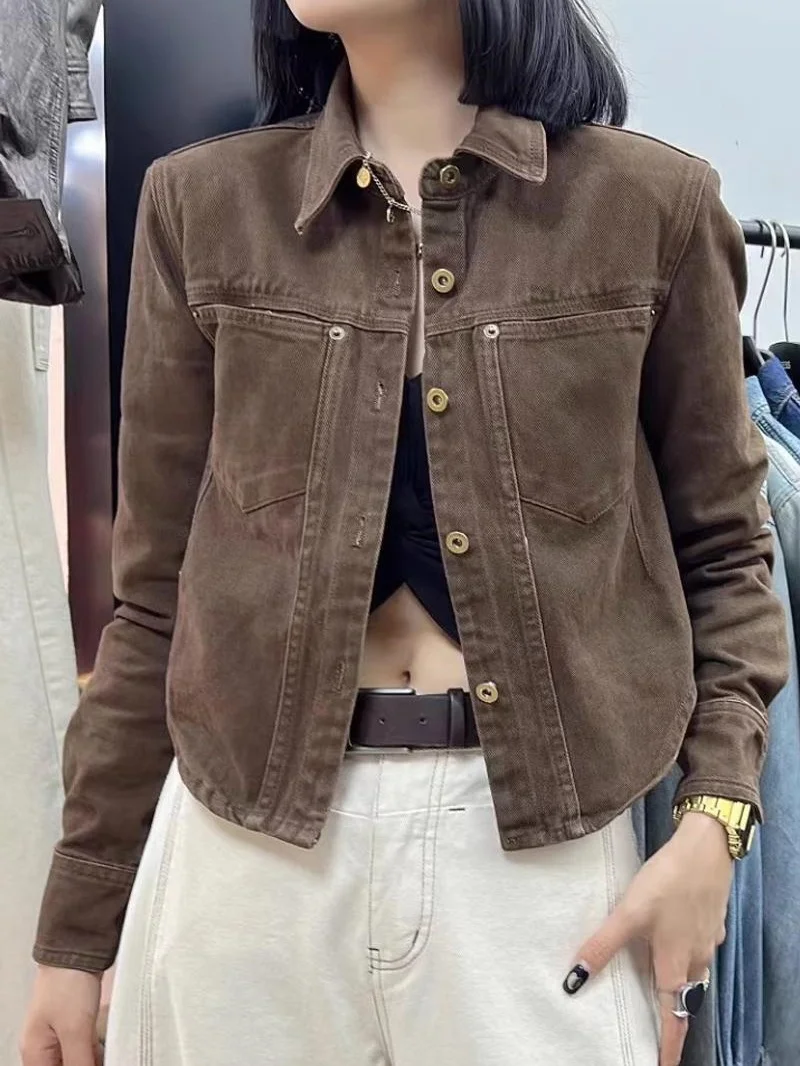 Khaki Denim Jacket Women Autumn New Vintage Style Fit Versatile Jacket Top