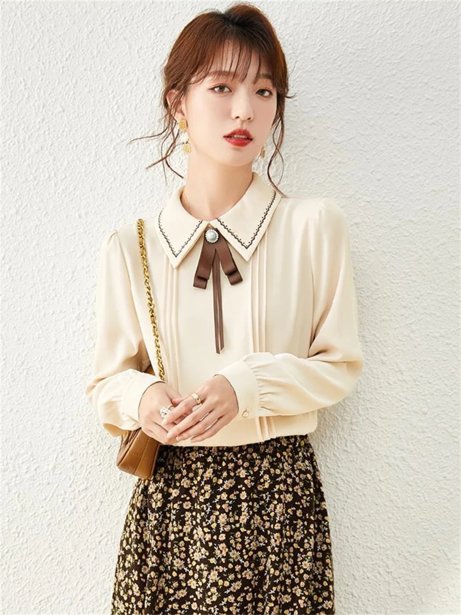 Women Summer Spring Shirts Lady Fashion Casual Long Sleeve Turn-down Collar Solid Color Elegant Blusas Tops G2384