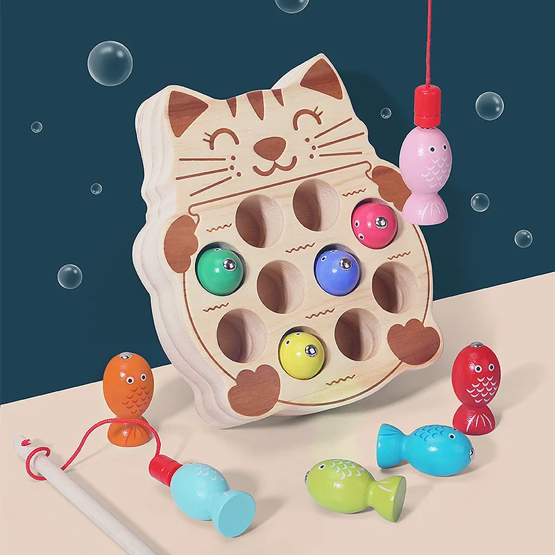 Children's educational toys Magnetic kitten fishing game focus training Wooden fishing magnetic baby toys