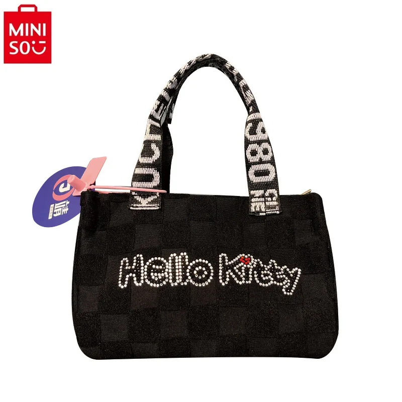 MINISO 2024 New Cartoon Flash Diamond Hello Kitty Crossbody Bag for Women's Sweet and Versatile Mobile Portable Storage Bag