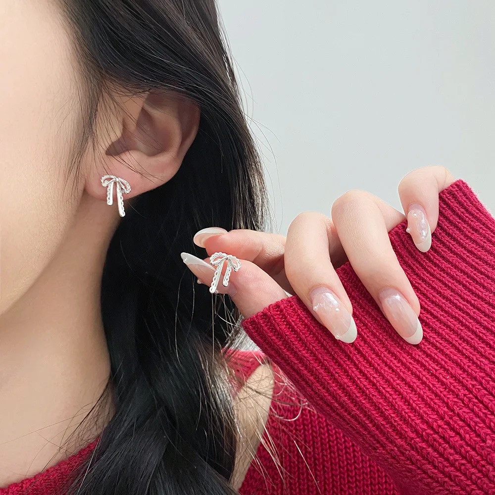 

Korean Style Creative Bow Stud Earrings For Women S925 Pure Silver Plated 18K Gold Sweet Romantic Banquet Jewelry