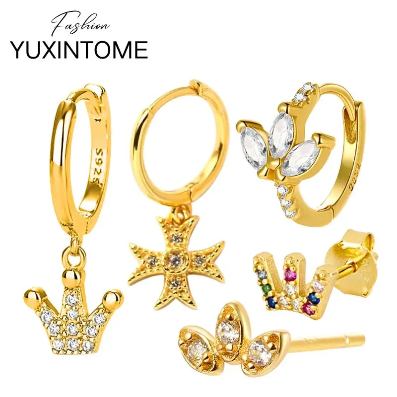

925 Sterling Silver Ear Needle Crown Pendant Hoop Earrings Luxury Geometry Crystal Stud Earrings Women's Party Fashion Jewelry