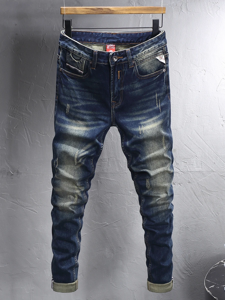 

High-End Retro American Heavy-Du Elastic Men's Jeans Spring New Waed Trendy Slim Fit Ankle-Length Pants Youth Faion