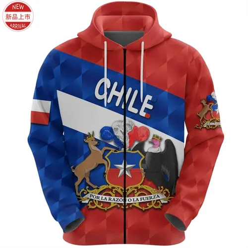 Imagen 2 del producto Sudadera con estampado 3D de mapa de bandera étnica de la República de Chile para hombre, sudaderas con cremallera, abrigo de Chile, jerséis con cremallera gráfica, sudadera Vintage