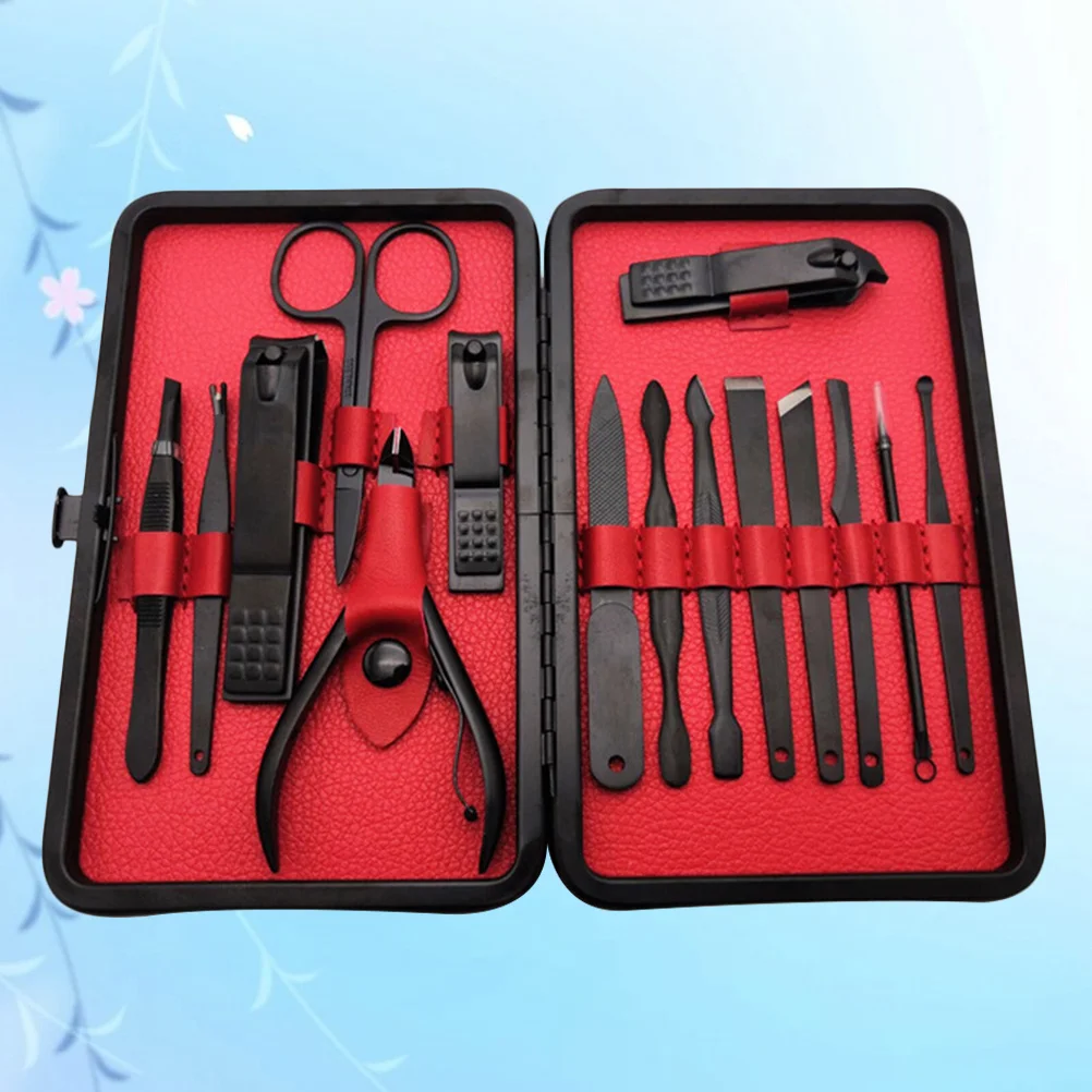 Set di pedicure per manicure in acciaio inossidabile da 15 pezzi Kit per la cura delle unghie Strumenti durevoli resistenti alla ruggine per la toelettatura Custodia in PU da viaggio