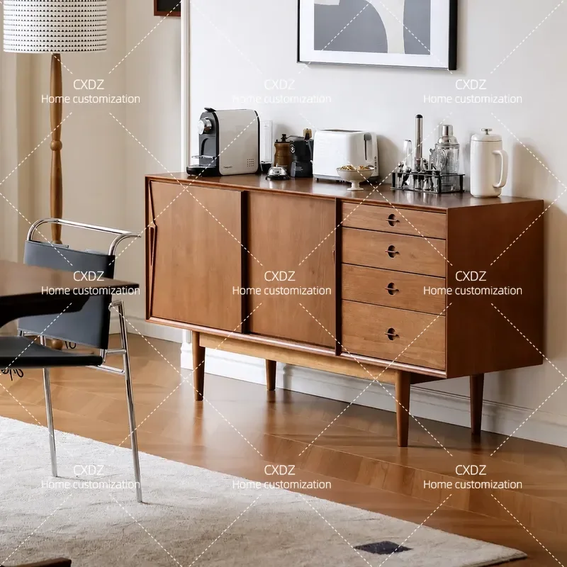 Retro Solid Wood Dining Side Cabinet Living Room Storage Unit Simple Integrated Wall Mounted Medium Size Vintage Style Home