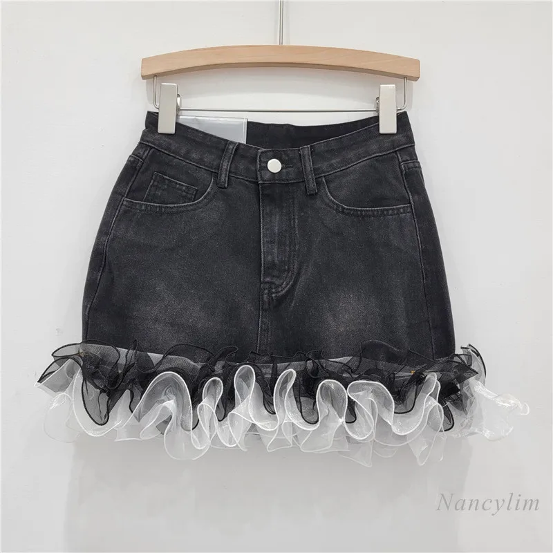 European Style 2024 Summer New Fashion Stitching Mesh Edge High Waist Slimming A- Line Street Denim Hip-Wrapped Skirt for Women