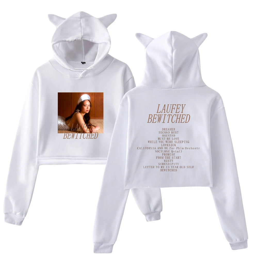 Laufey Merch Bewitched Album Pullover Cat Ears Hoodie Long Sleeve Sweatshirts Female Crop Top 2023 New Logo Women's Clothes