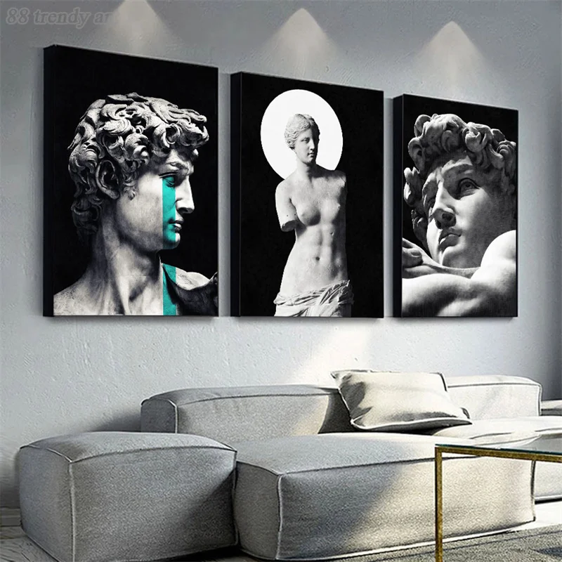 Black White Portrait Sculptures and Lines Picture David Caesar Sculpture Statue Creativity Art Poster Canvas Painting Home Decor