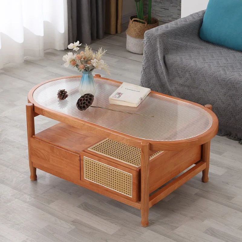 

Living room household oval solid wood small apartment bed and breakfast tea table, rattan coffee table