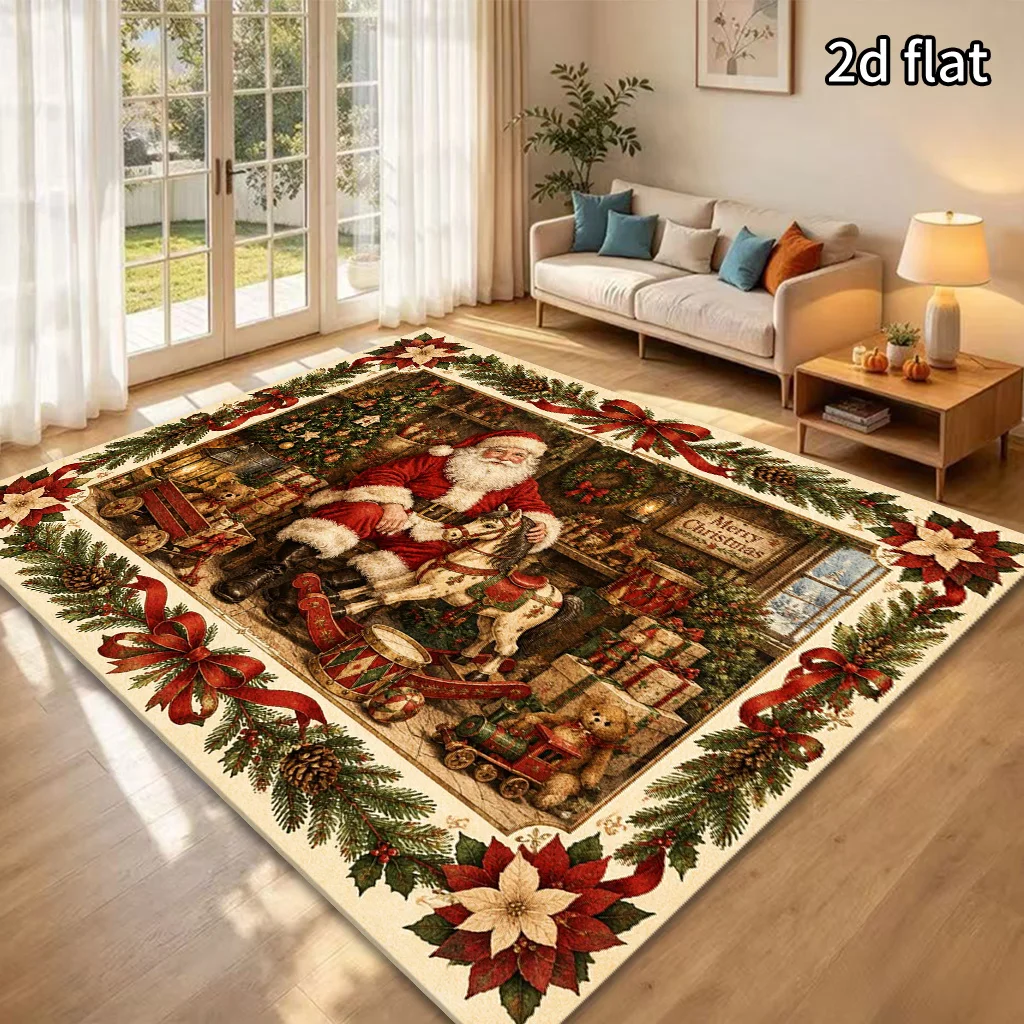 2D Flat Vintage Santa Area Rug, Retro Christmas Scene Pine Cone Poinsettia Border Print, Floor Decor for Living Room Bedroom