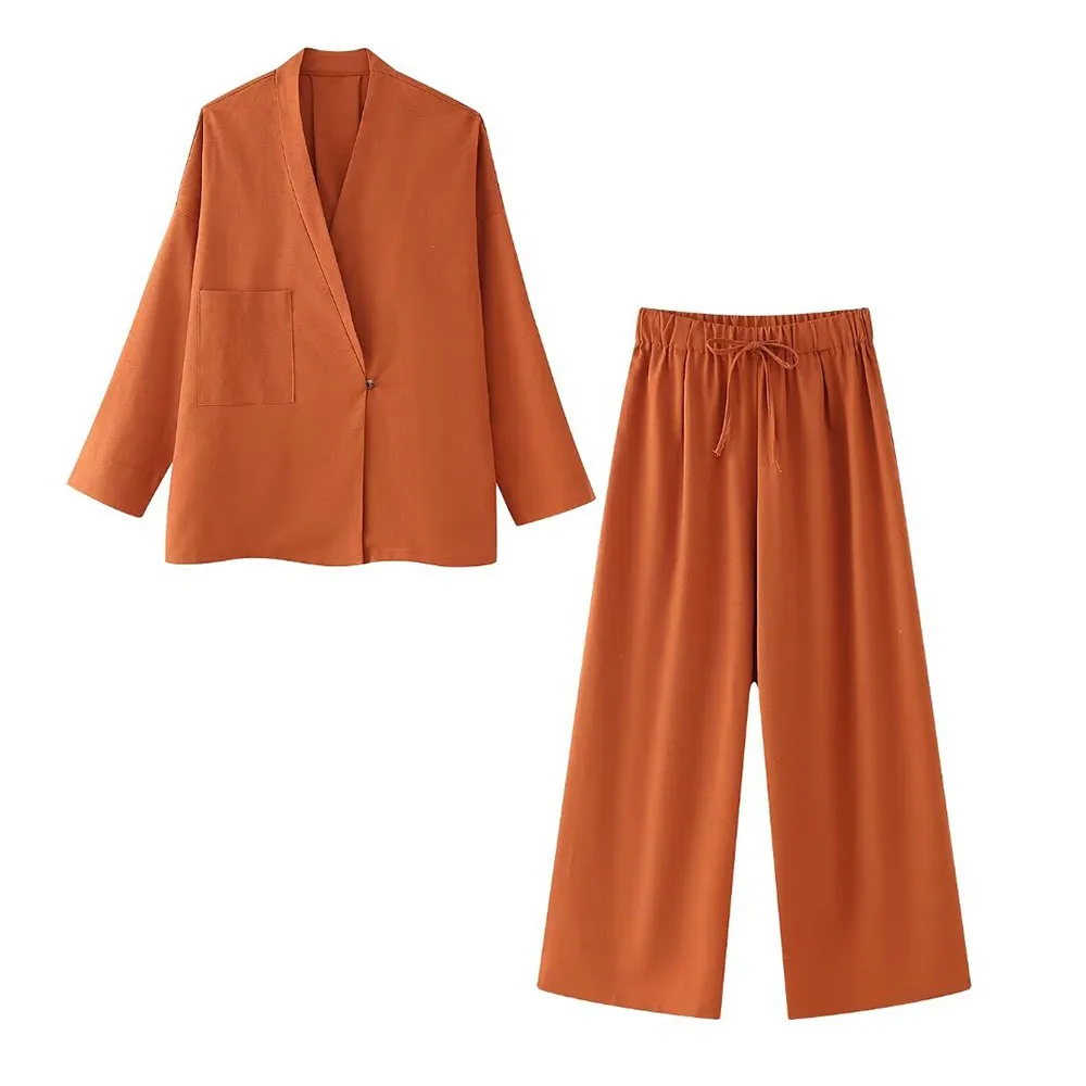 A new women\'s linen V-neck suit in the summer of 2024 & linen elastic waist wide-leg trousers suit