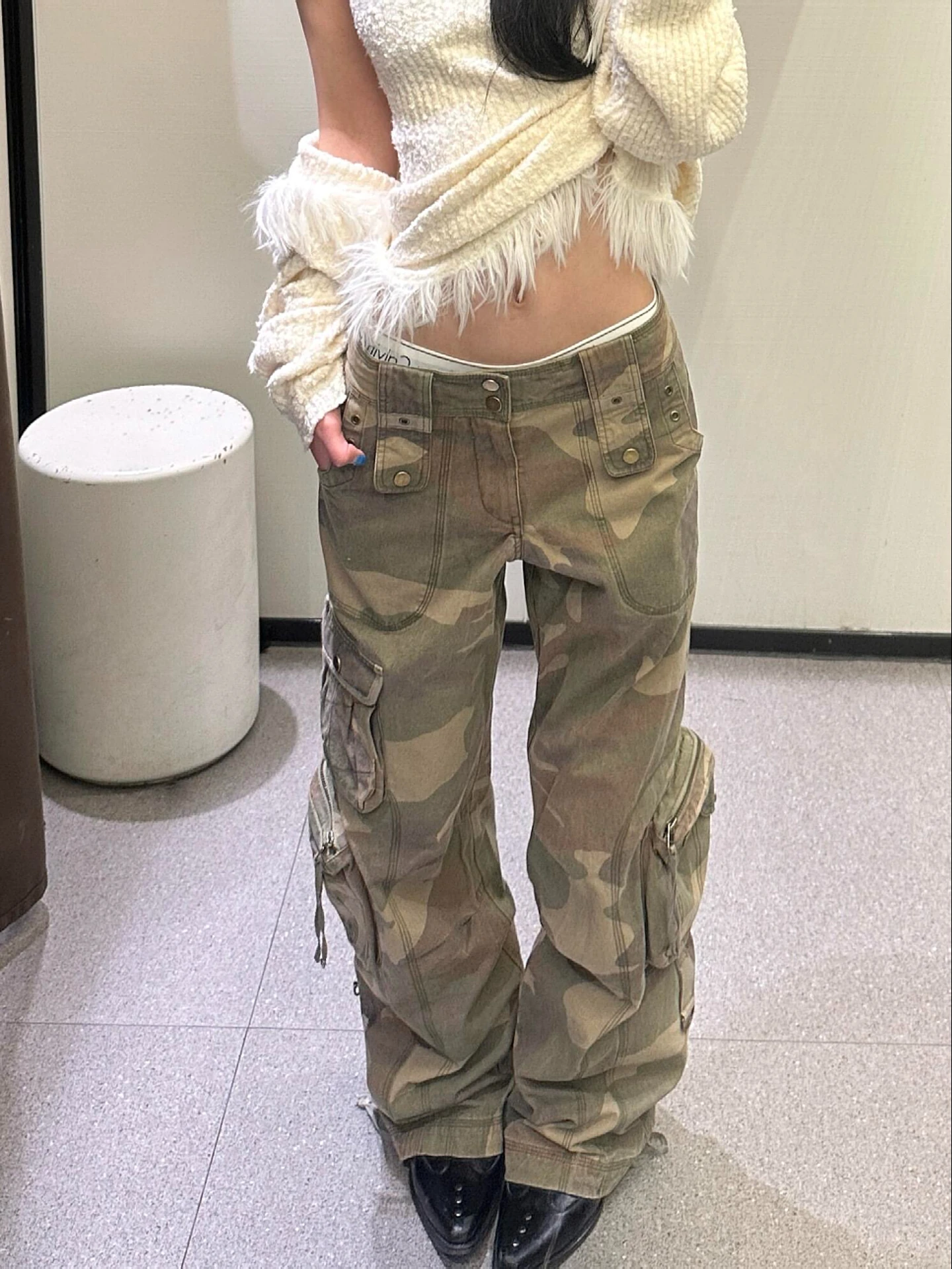 

plus Size American Retro Camouflage Multi Pocket Workwear Jeans Unisex High Street Loose Wide Leg Long Trousers
