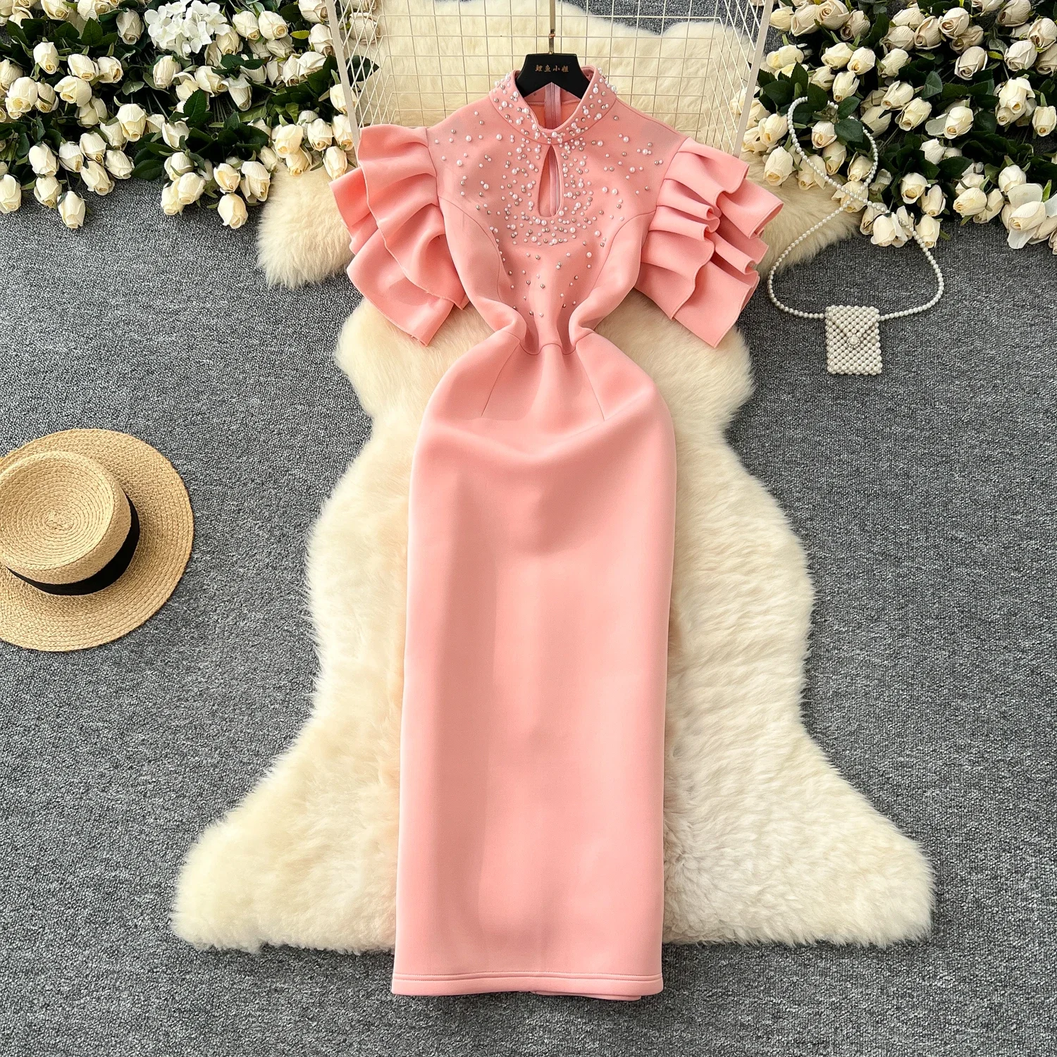 Chic Elegant Hollow Out  Beading Butterfly Sleeve Slim Pencil Dress Vintage Korean Sexy Women Sexy Evening Party Summer Clothing