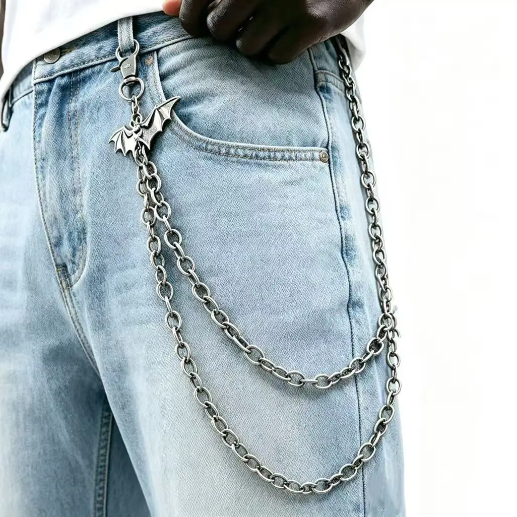 Y2K Gothic Bat Pants Chain for Men Women Black Gunmetal Double Layer Wallet Chain Punk Hip Hop Jeans Chain