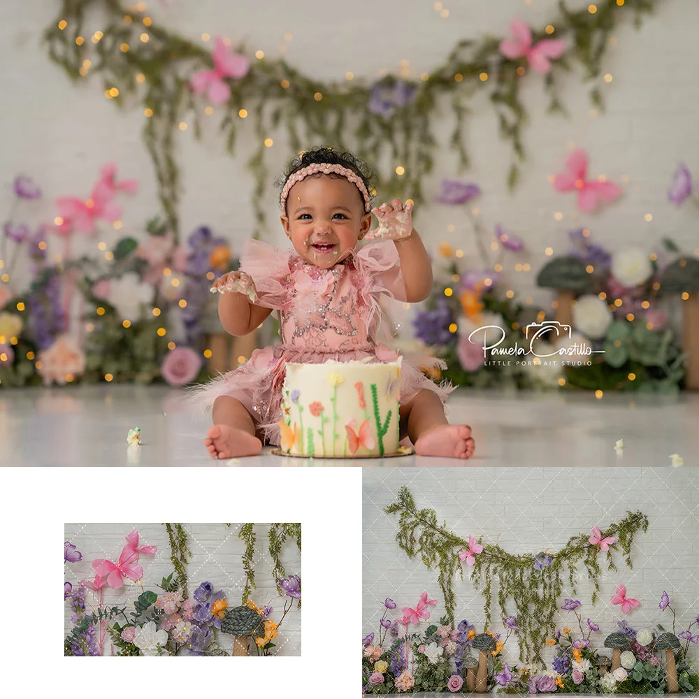 Butterfly Garden Fairy Tale Backdrops Kids Baby Birthday Cake Smash Photography Props Floral Mushroom Backgrounds