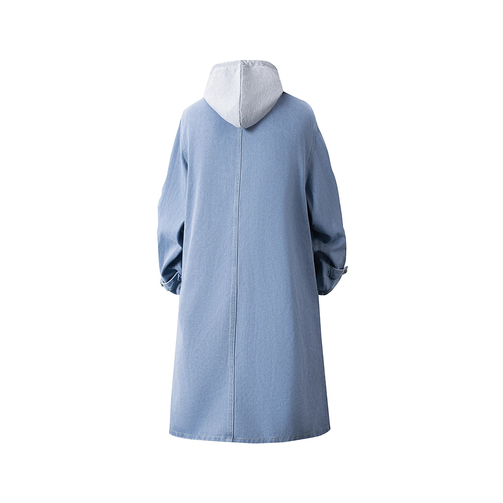 Spring Autumn Men Long Hooded Trenchcoat Men Denim Trench Coat Men Oversized Denim Outerwear Men Casual Windbreaker Jacket