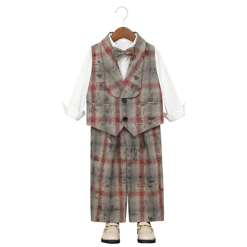 Boys' Retro Distressed Ombre Plaid Vest Set Korean Style Children's Hosting Performance Costume Flower Boy 1st Birthday Outfit