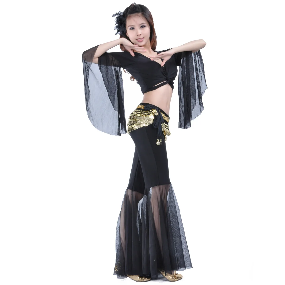Mesh Lace-up Exercise Suit Set Belly Dance Slim Skinny Flared Pants Butterfly Sleeve Top Coin Waist Chain Stage Performance
