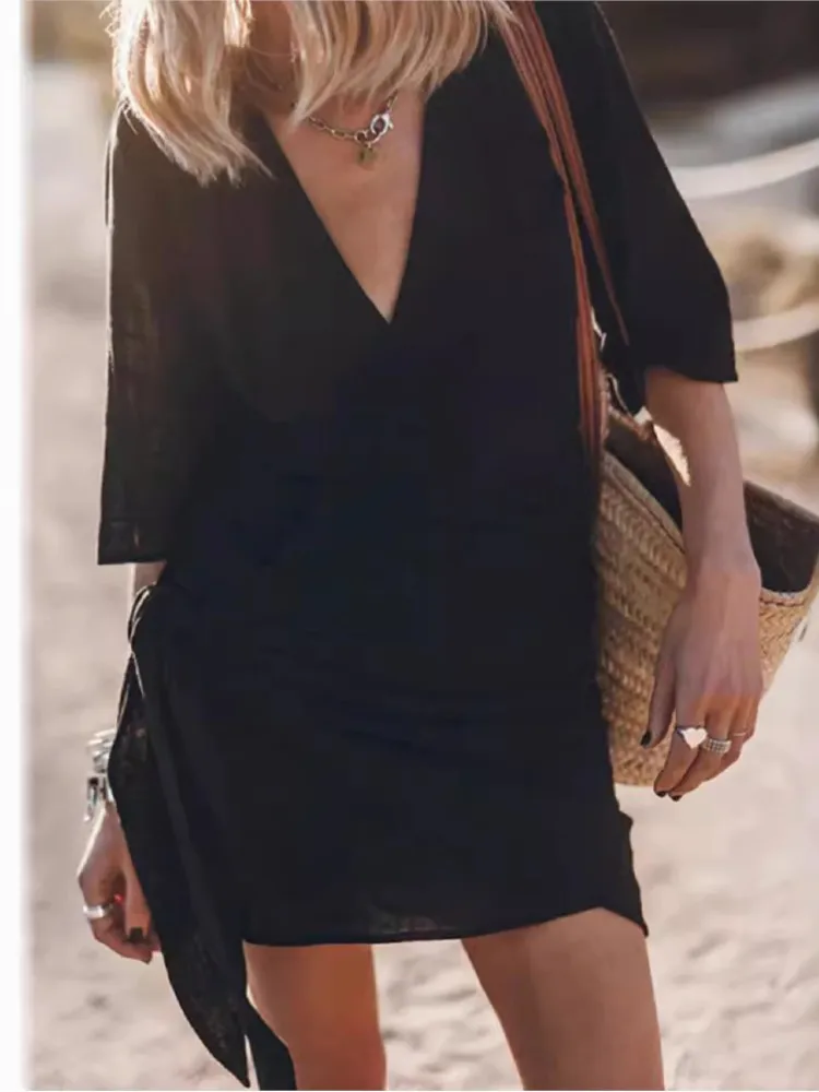 Casual V Neck Solid Color Short Sleeved Cross Lace Up Dress For Women Spring And Summer Simple Elegant Mid Length Dresses Female