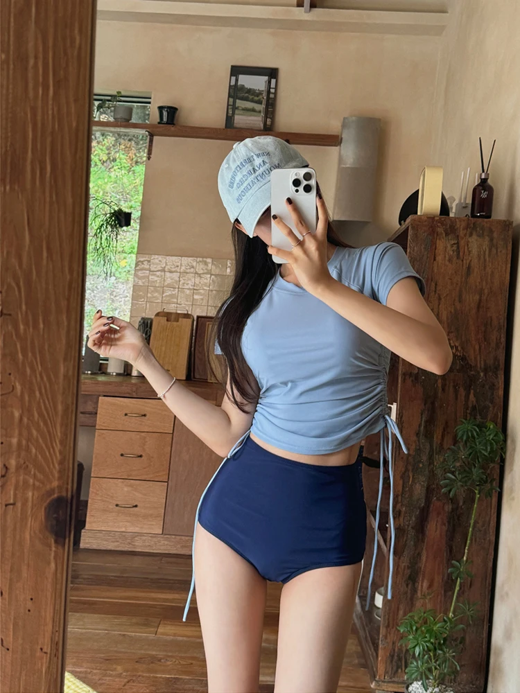 

Купальник с высокой талией из двух частей для женщин, консервативный пляжный купальник для отдыха, термальный, синий, простой дизайн