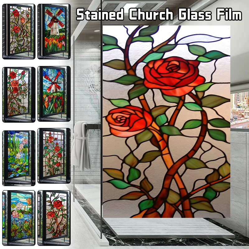 Vintage Art Rose Lotus Glass Film Church Stained Window Films Static Cling Waterproof Sun-proof Frosted Privacy Glass Stickers