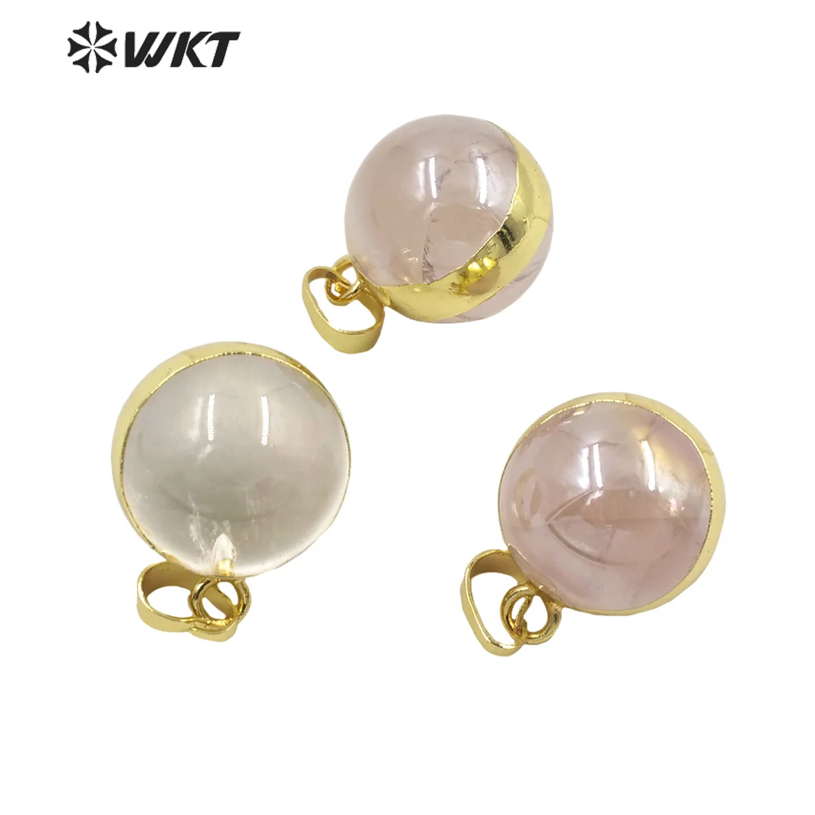 WT-P1810 WKT Simple Natural Stone Pendant Crysta Pink Crystal Ball Two Tone Plated Small ACC Ladies Necklace Earring Jewelry