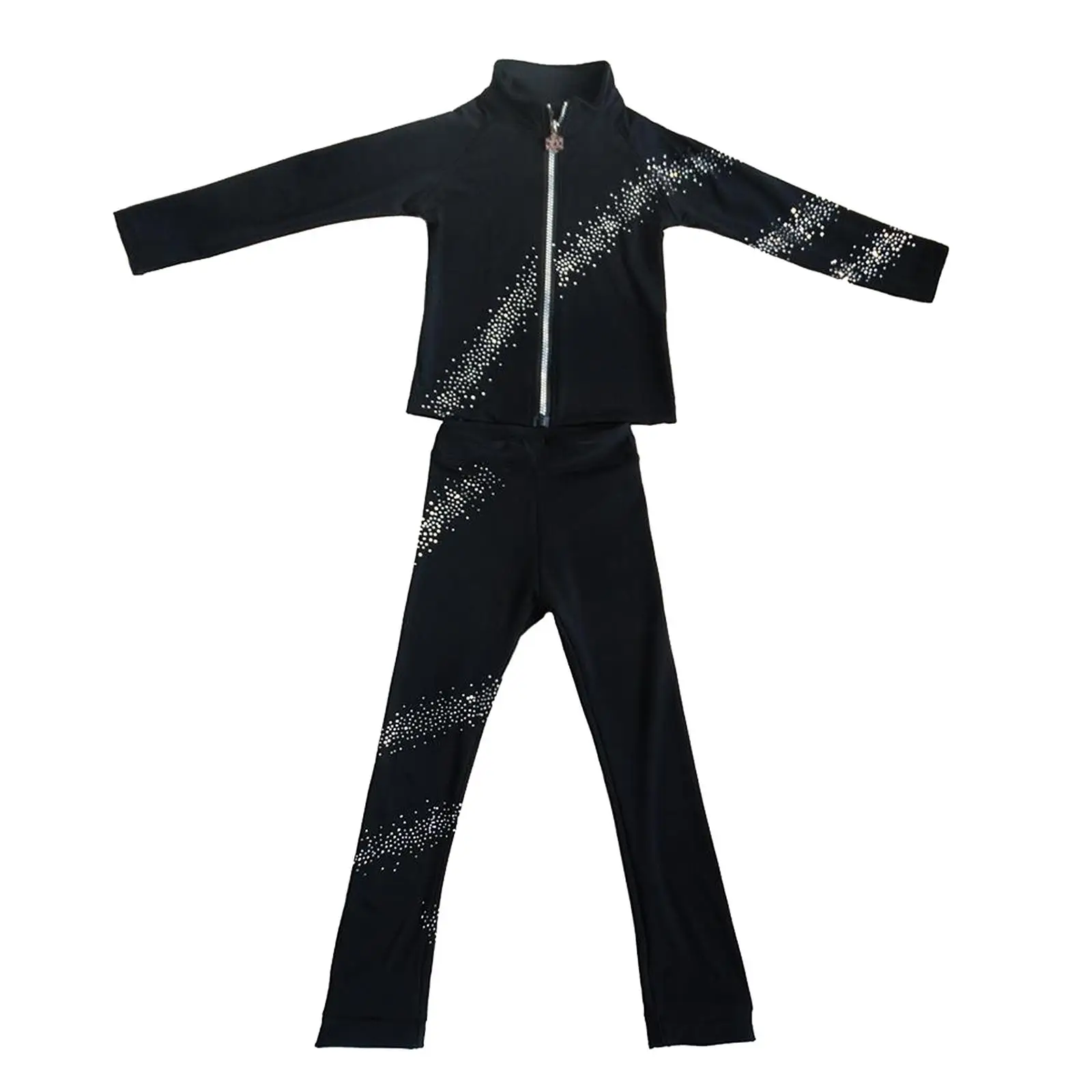 Ice Figure Skate Skating tec Fleece Jacket Pants with Spiral Rhinestones Skating Trouser Coat Set