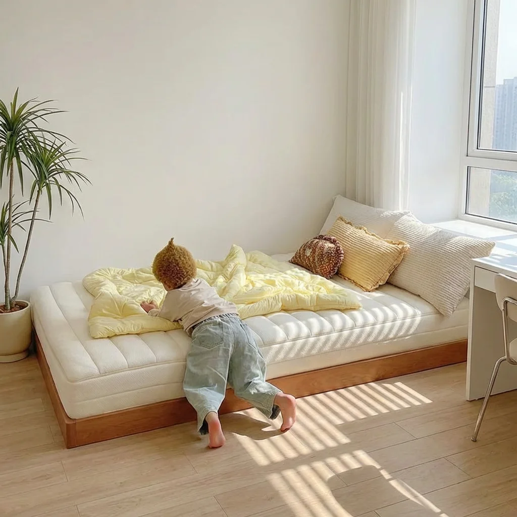 Custom Grid Design Montessori Kids Wooden House Bed Frame Anti-Collision Bedroom Furniture