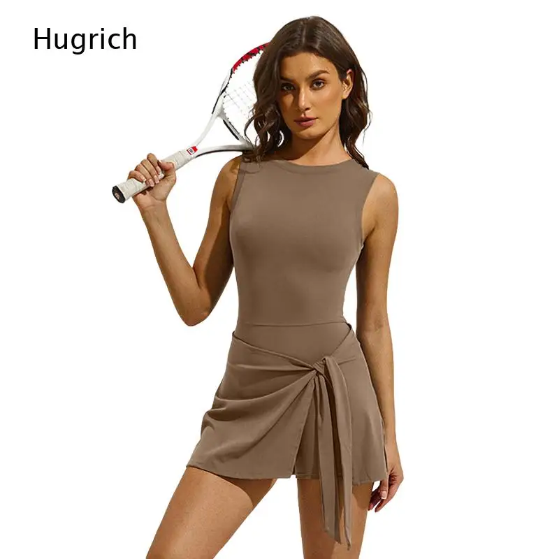 Ladies Outdoor Fitness 2 Piece Sports Set Sleeveless Slim Bodysuit Wrap Tie Skirt Anti-Exposure Athletic Activewear