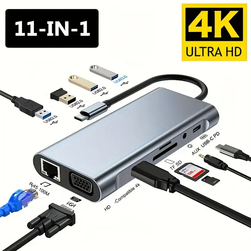 11-In-1 USB-C Hub Featuring 3 USB 3.0 PD Charging 100M Ethernet VGA HDTV 4K Ultra HD, Audio Jack SD/TF Card Reader