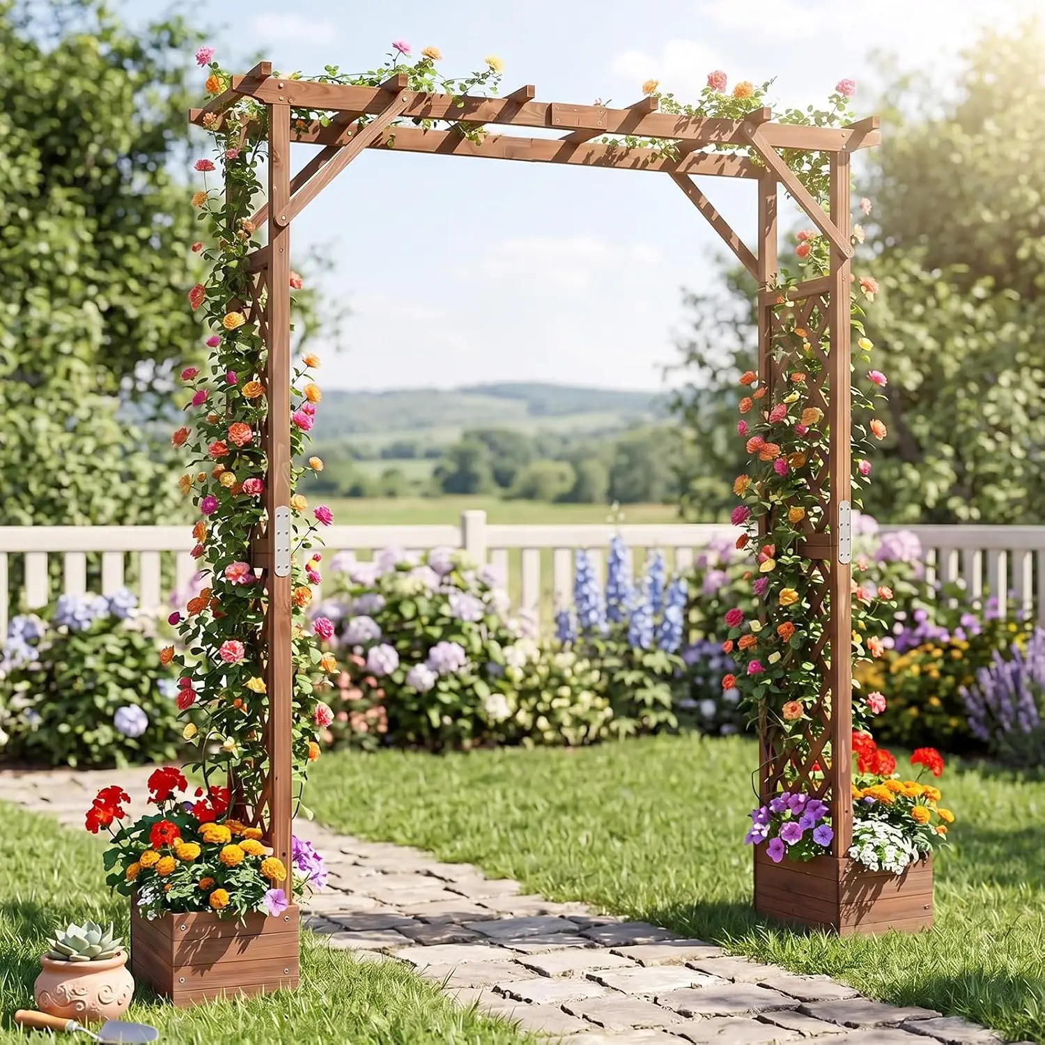 87in Tall Wooden Garden Arbor with Planter Boxes & Hanging Roof, Wood Garden Arch Trellis for Climbing Plants,, Customized