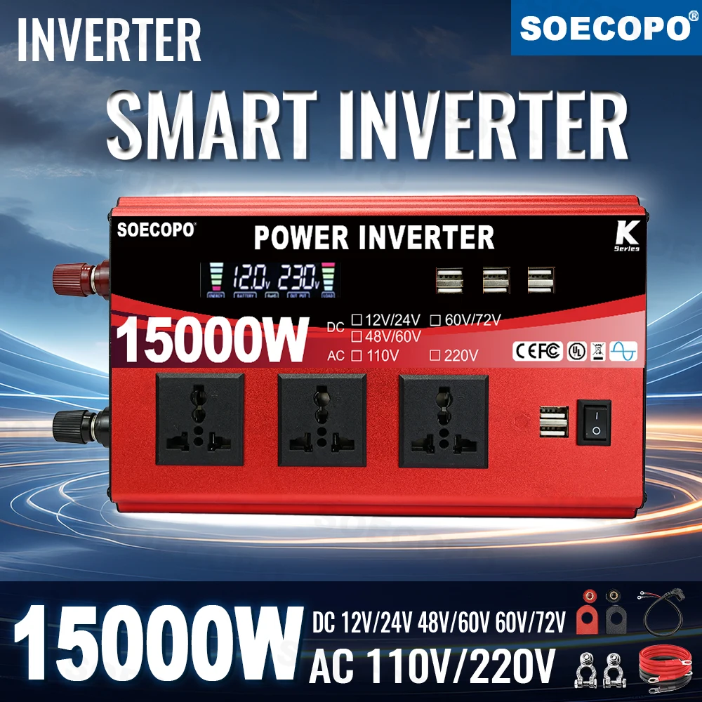 SOECOPO 15000 W Auto-Wechselrichter, 12 V, 24 V auf 110 V/220 V, Auto-Spannungswandler, 3 Universal-Steckdosen und 8 USB-Anschlüsse, Dual-Spannung, Camping