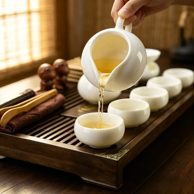 White Porcelain Kung Fu Tea Set, Solid Wood Drawer Style Tea Tray, Complete Set of White Jade Xishi Teapot, Chinese Tea Ceremony