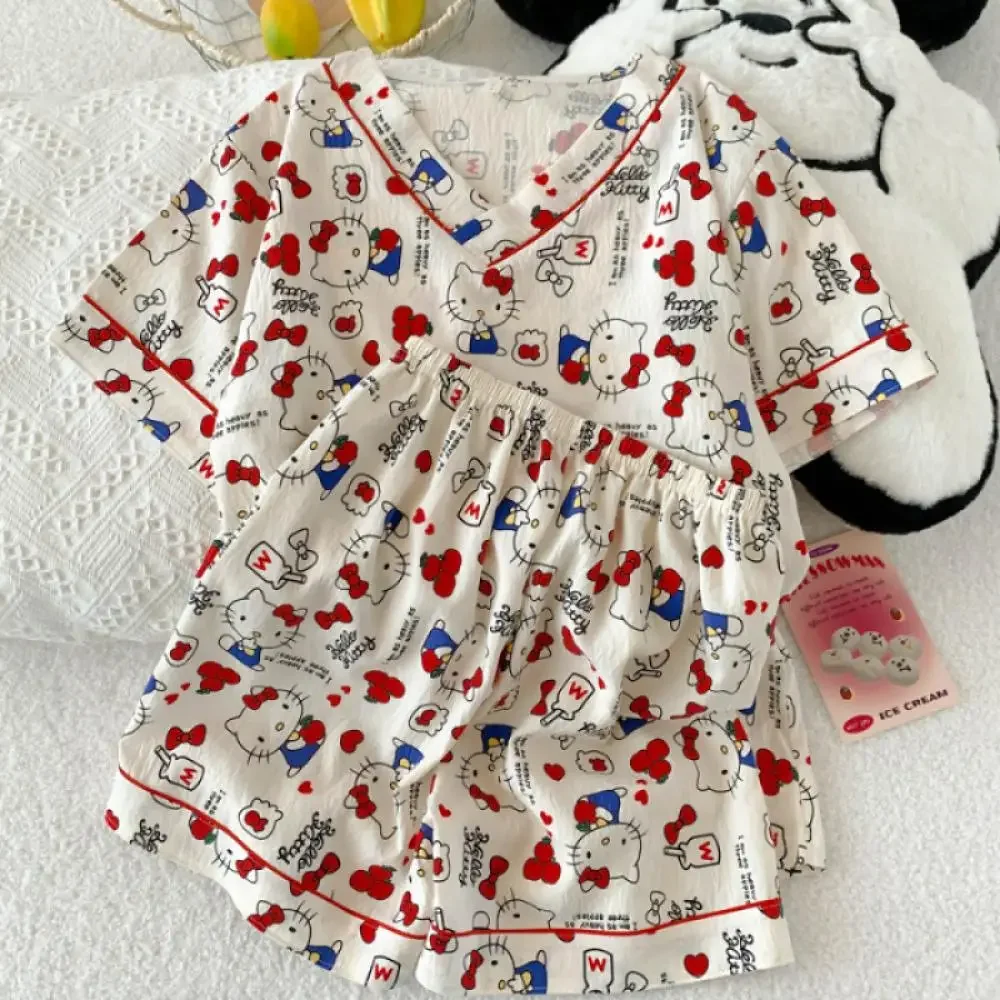 2 قطعة بدلة بيجامة النساء سانريو أنيمي مرحبا كيتي قصيرة الأكمام السراويل الصيف Kawaii القطن ملابس المنزل الفتيات طالب المتسكعون