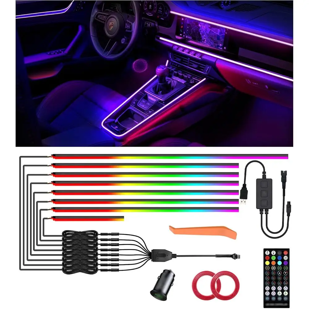 

Комплект акрилового освещения для автомобиля 234'' – 8 светодиодных RGB-лент, управление через приложение/пульт/блок управления, синхронизация с музыкой, двойной USB-разъем для прикуривателя