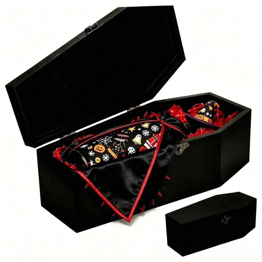 Storage Box With Hinged Lid - Black Wooden Coffin-Shaped Container For Christmas Decorations, Winter Basket Tabletop Decor, Chri