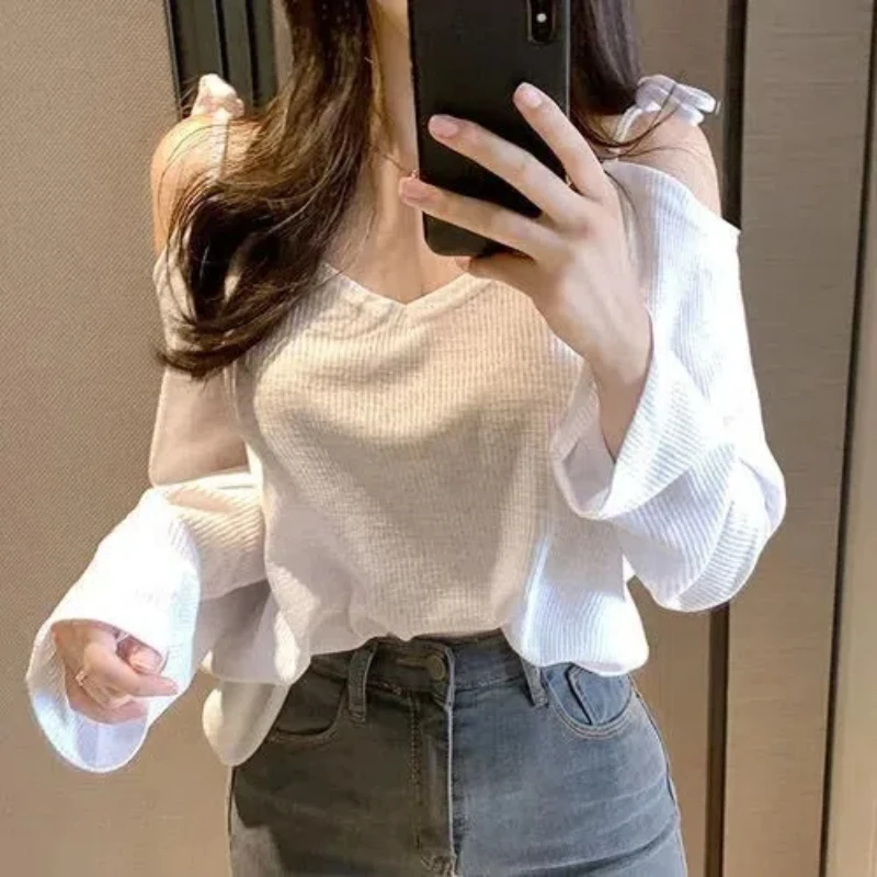 Spring New Korean Sexy Off Shoulder Loose T Shirts Long Sleeve Solid Color Lacing Thin Tops Tees Fashion Casual Women Clothing