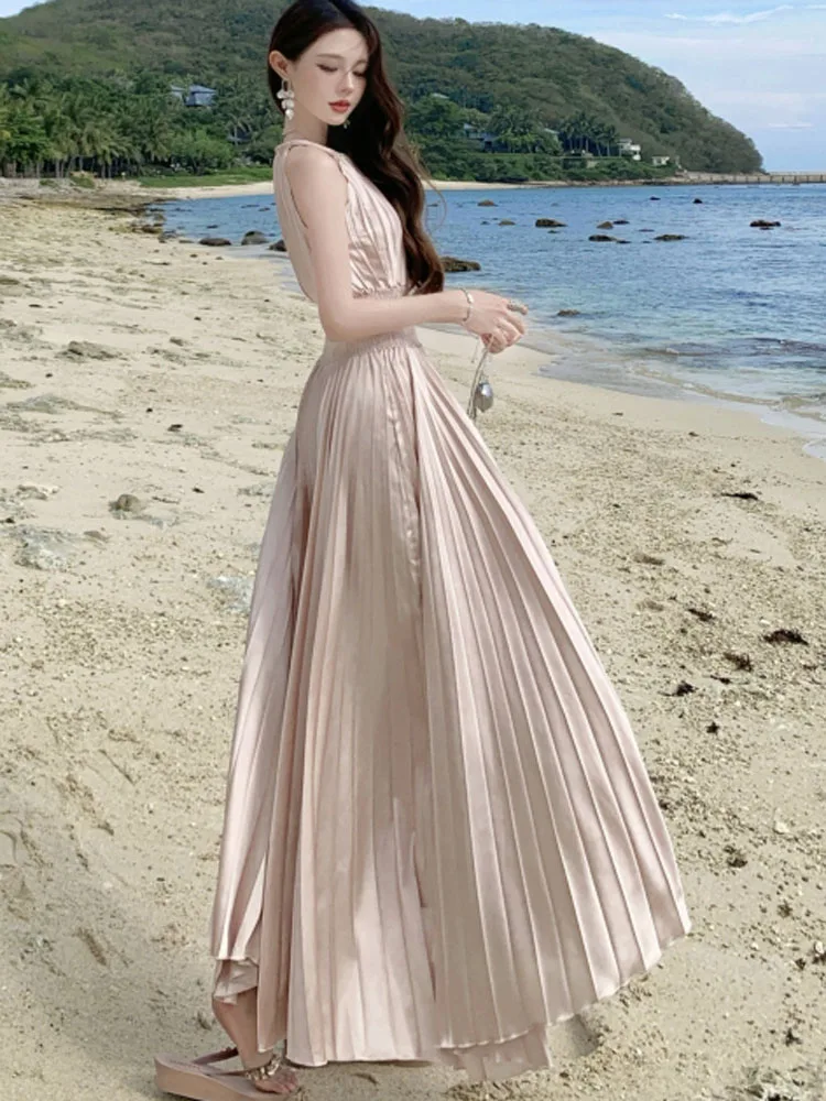 2025年新作 レディース バケーションワンピース セクシー オフショルダー スリムウエスト カジュアル エレガント ビーチ プリーツ ロングワンピース