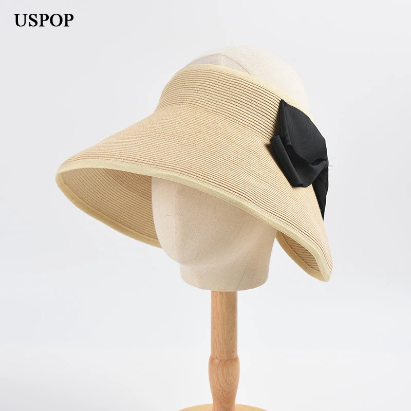 USPOP Summer Straw Hat Women Beach Hat Folding Bow Wide Brim Sun Hat for Women