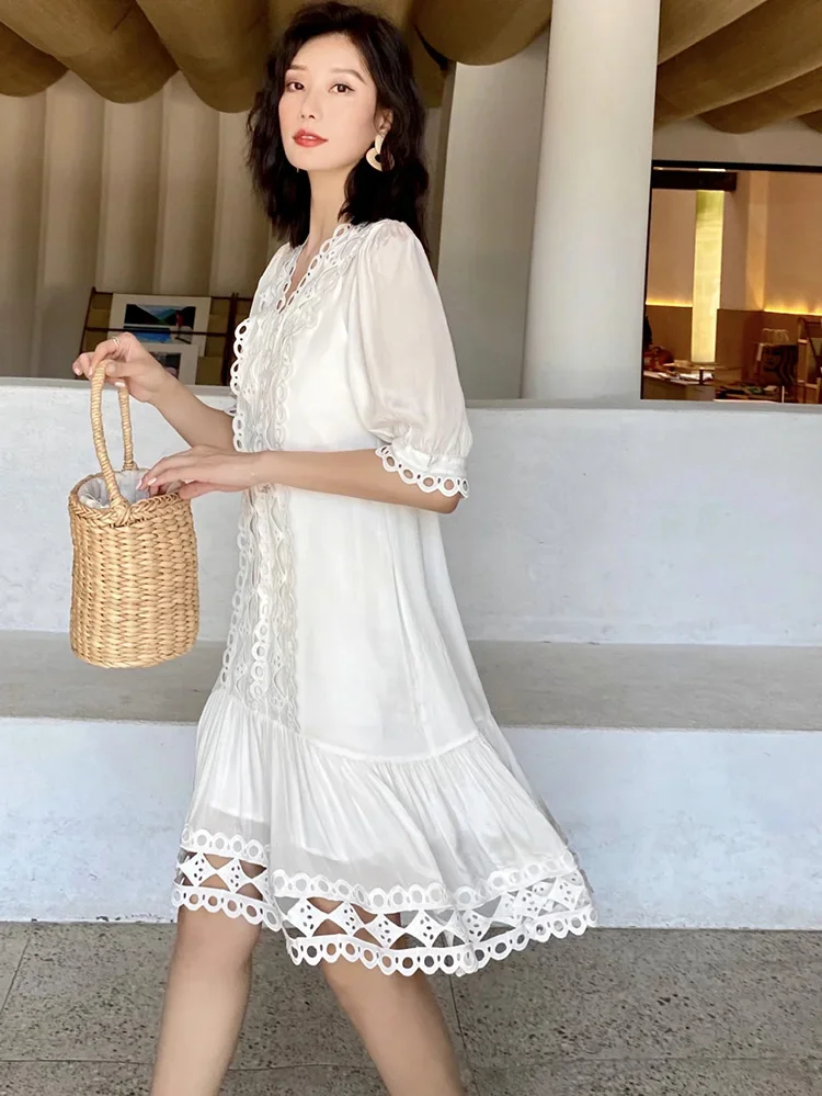 GypsyLady French Chic White Midi Dress Hollow Out Patchwork Summer Holiday Long Dress Vocation Beach Ladies Female Dresses New