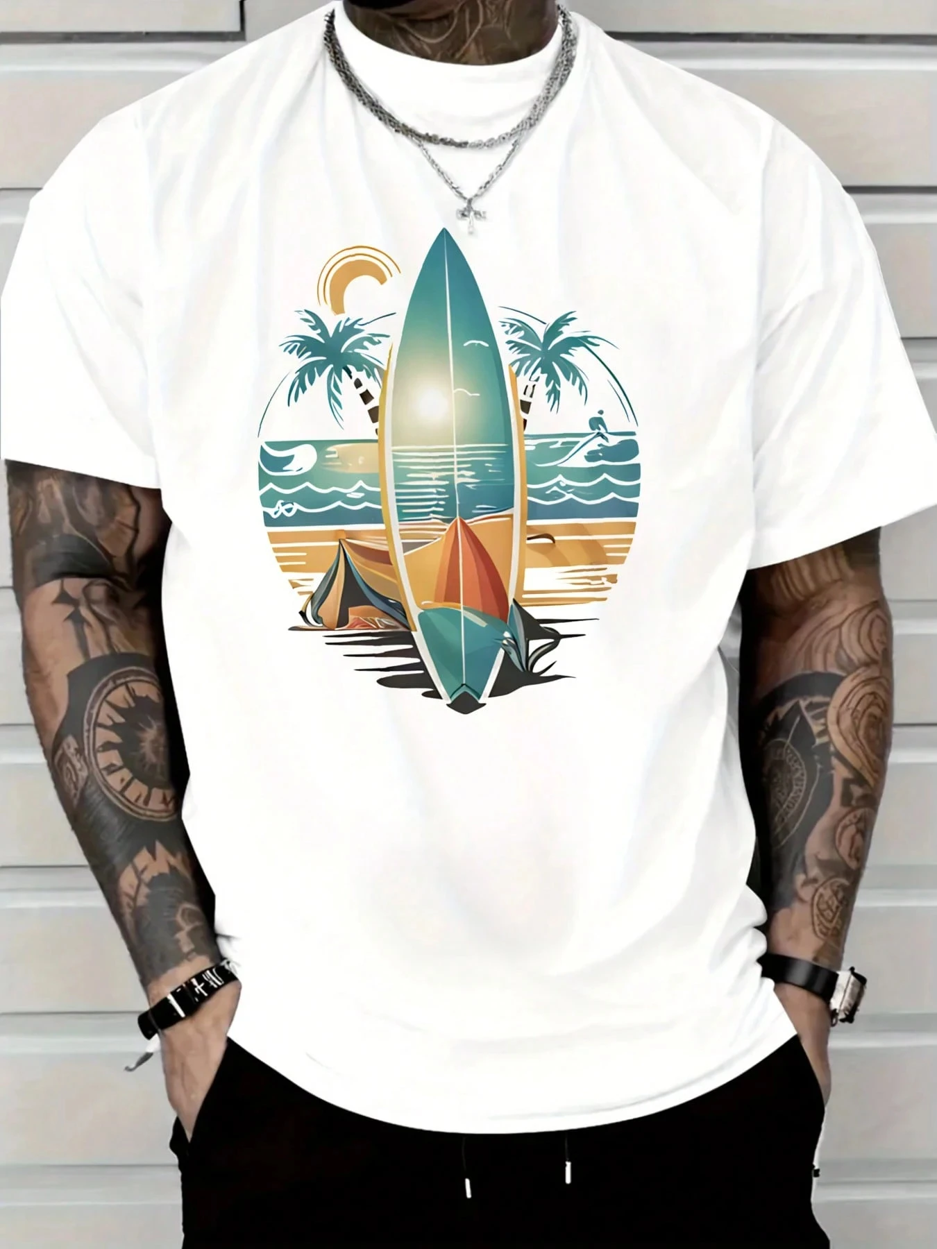 Men Cotton Casual T-Shirt Men and women Tropical Surf Graphic T-Shirt Beach Vacation Tee With Palm Trees And Surfboard Design