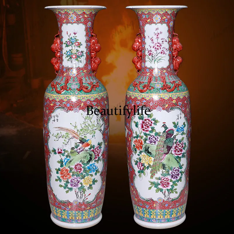 Jingdezhen ceramic hand-painted pastel binaural double-sided floor-to-ceiling antique large vase hotel living room decoration