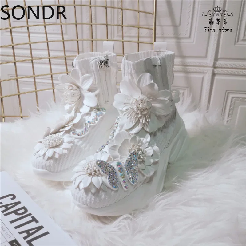 Womens 3D Flowers White Platform Rhinestones Butterfly Decor Sneakers High Top DIY Lolita Sweet Shoes Girls Gift New 2024